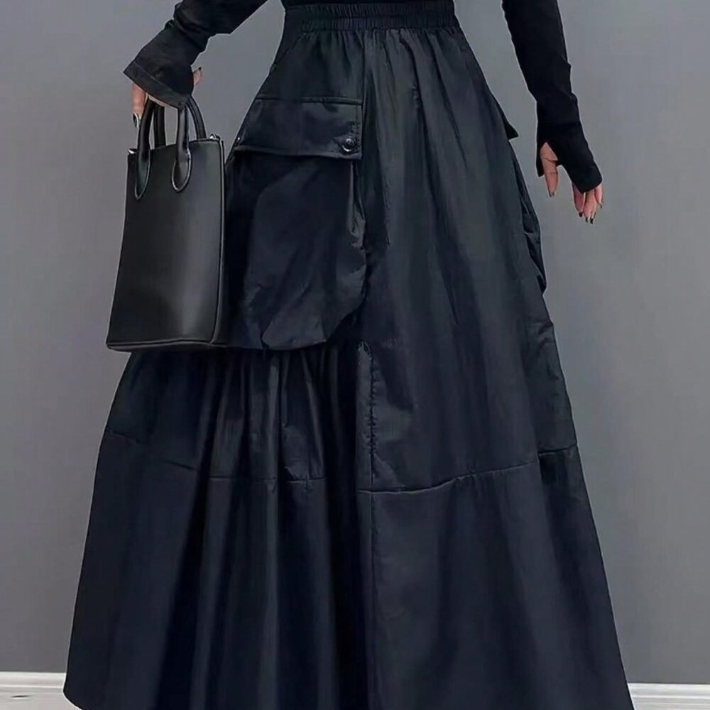 Black Elegant Women's High Waist Flared Long Skirt With Large Pockets - Picture 2 of 5